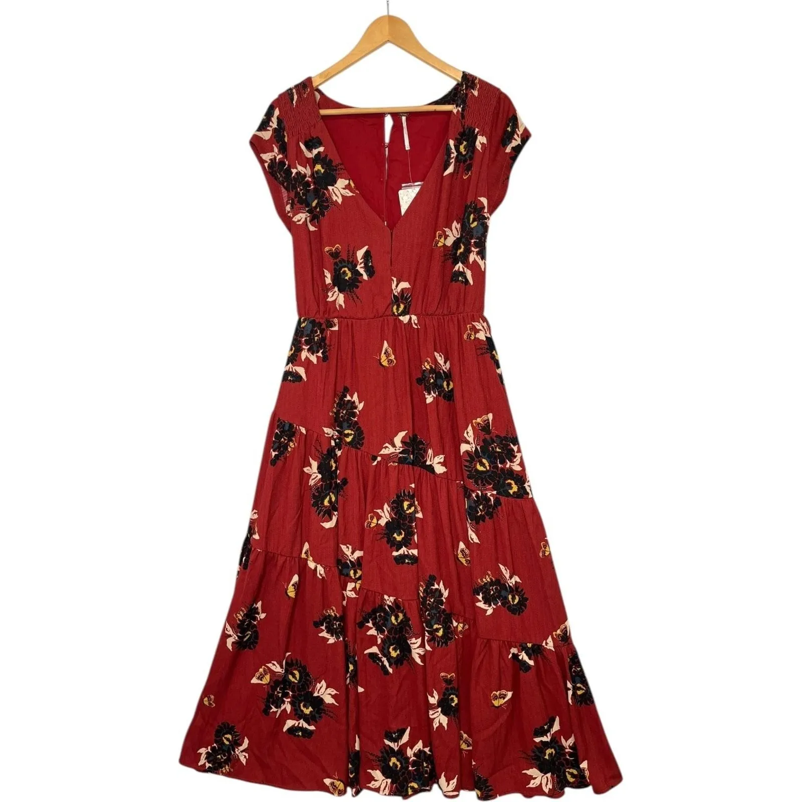 Free People Dress Womens 10 Red Floral Tiered V Neck Belted Maxi Boho - Image 3