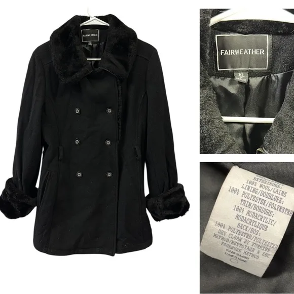 Wool Vintage Fairweather pea coat faux fur trim Says 14 Fits Like Womens Medium Black - Image 2