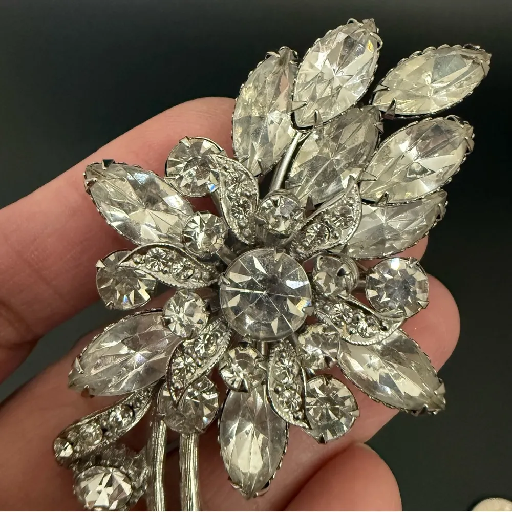 Vintage Unsigned 3D Flower Bouquet Clear Rhinestones Marquis Prong Brooch 27g. Silver - Image 13
