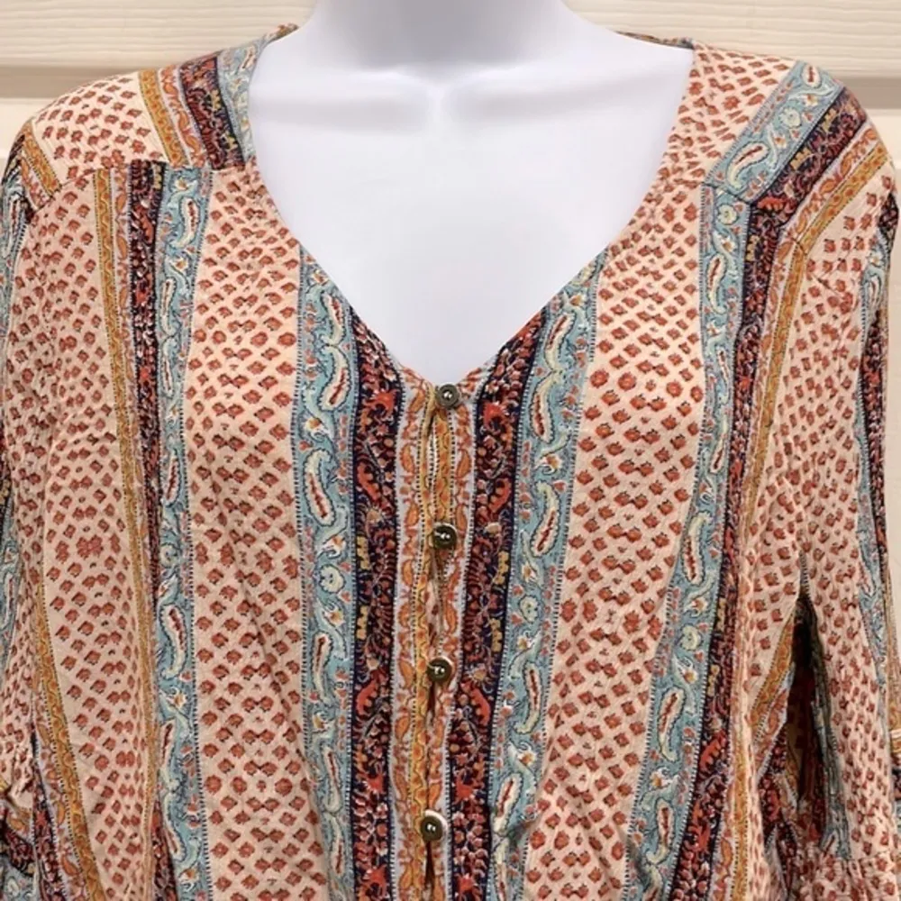 Love Riche Boho Floral Bell Sleeve Button Down Tie Top - Image 3