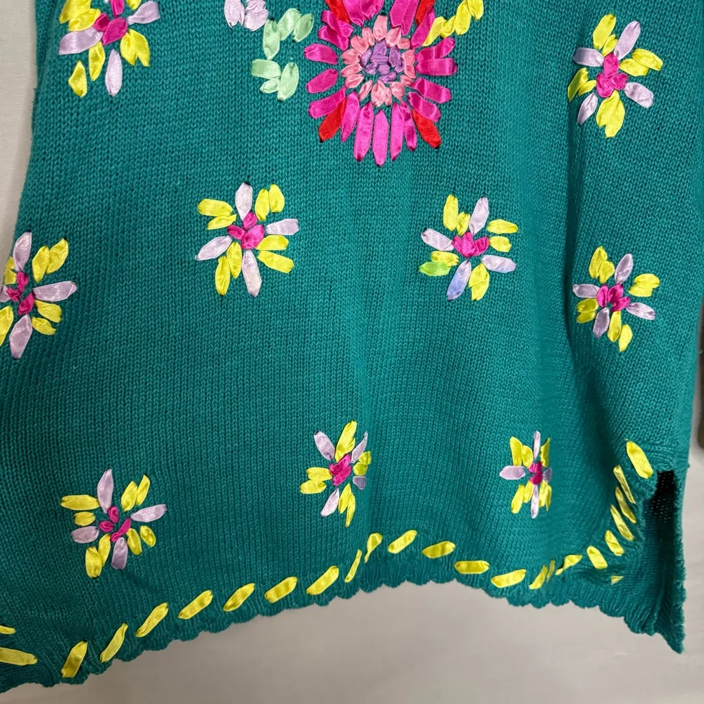 Suburbans M vintage Teal Floral‎ ribbon pearl V Neck embellished sweater Tacky Blue Size M - Image 2