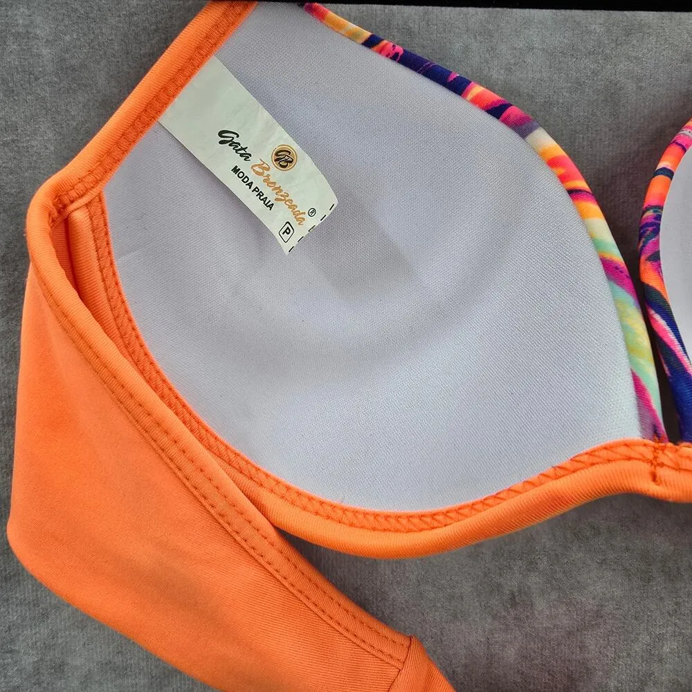 Gata Brenzeada Orange Bikini Top Halter‎ Tie Swimwear Padded Swimsuit Small - Image 6