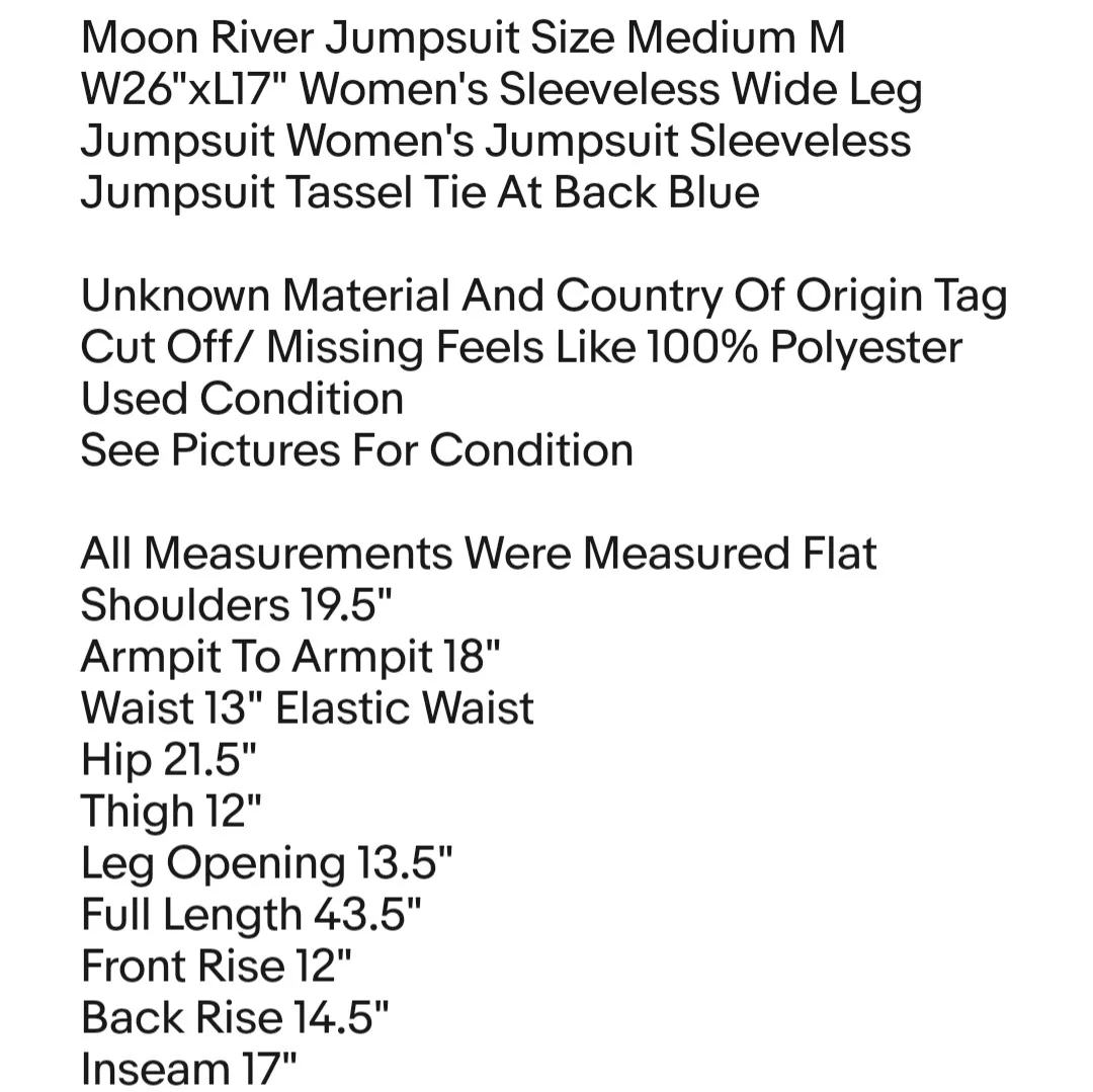 Moon River  Jumpsuit Size Medium M W26"xL17" Women's Sleeveless Wide Leg Jumpsuit Women's Jumpsuit  - Image 2