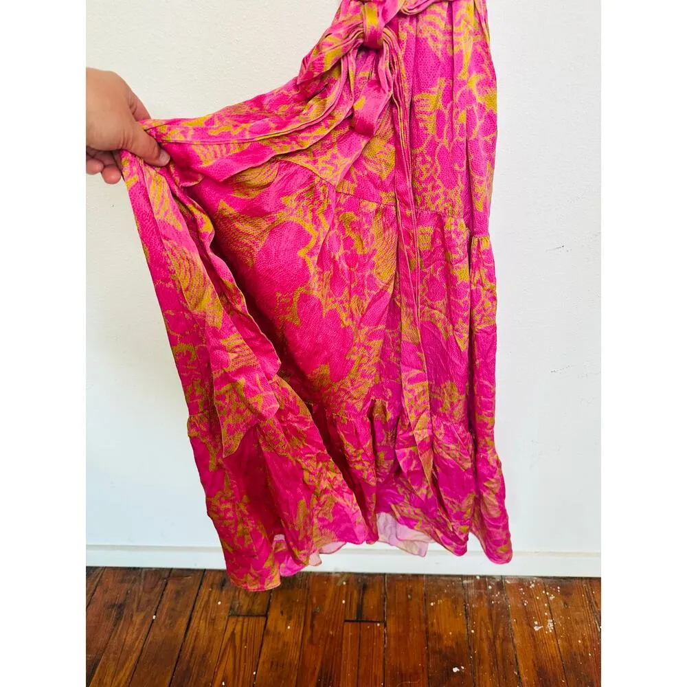 TANYA TAYLOR Women's Pink Orange Floral 100% Silk V-Neck Lisa Wrap Dress size 2 - Image 7