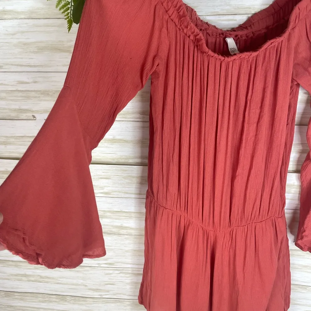 Elan Coral Textured Off Shoulder Bell sleeve Romper - Image 4