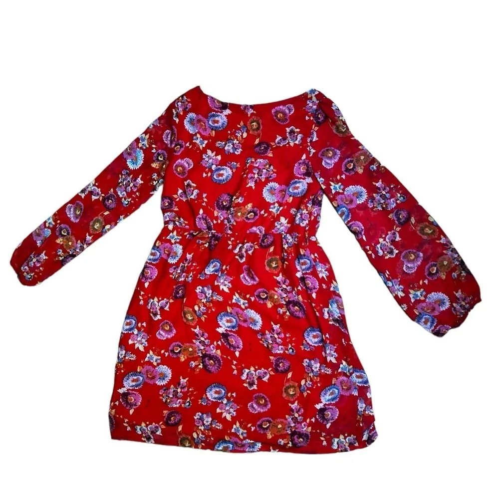 Anthropologie Needle & Thread Red Floral Dress Semi Sheer Size Small - Image 9