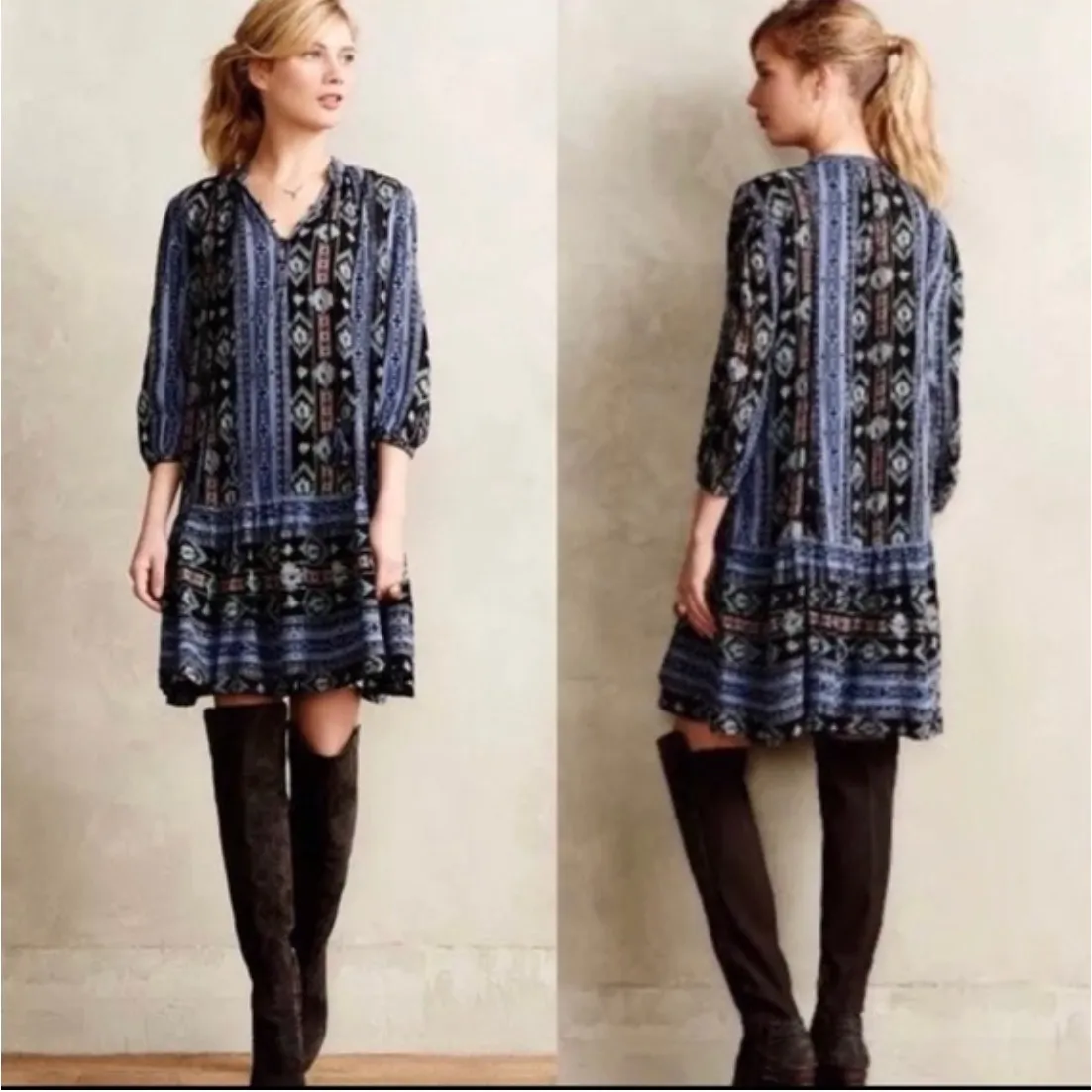 Anthropologie‎ Holding Horses Dress Womens Medium Blue Boho Prairie Winter Moon - Image 4