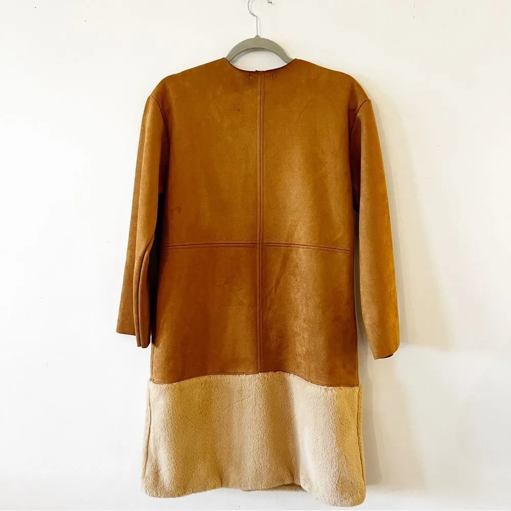ZARA  Faux Fur Ultrasuede Coat Brown Size Small Snap Front Blogger Fave Cozy - Image 2