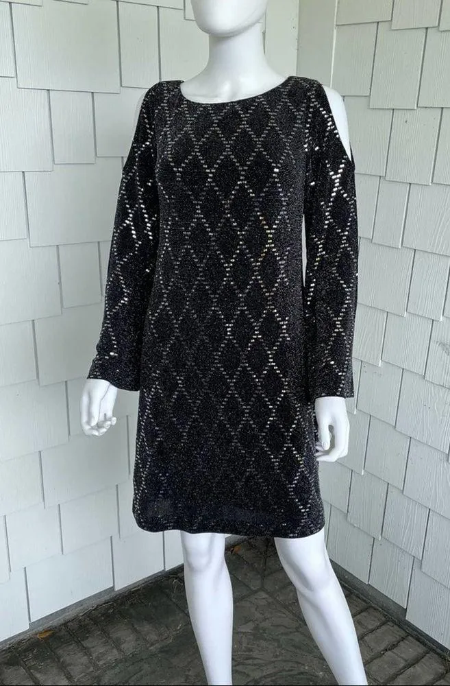 Jessica Howard Women's Black Sequin Diamond Pattern Cold Shoulder Dress sz 8 - Image 2