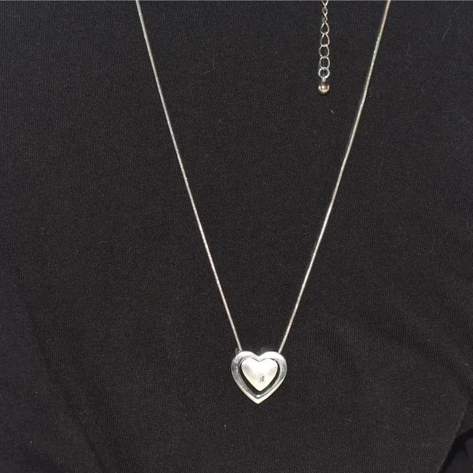 Distinctive Heart/ Heart Rhinestone Accent Silver Tone Snake Chain 16" Necklace - Image 2