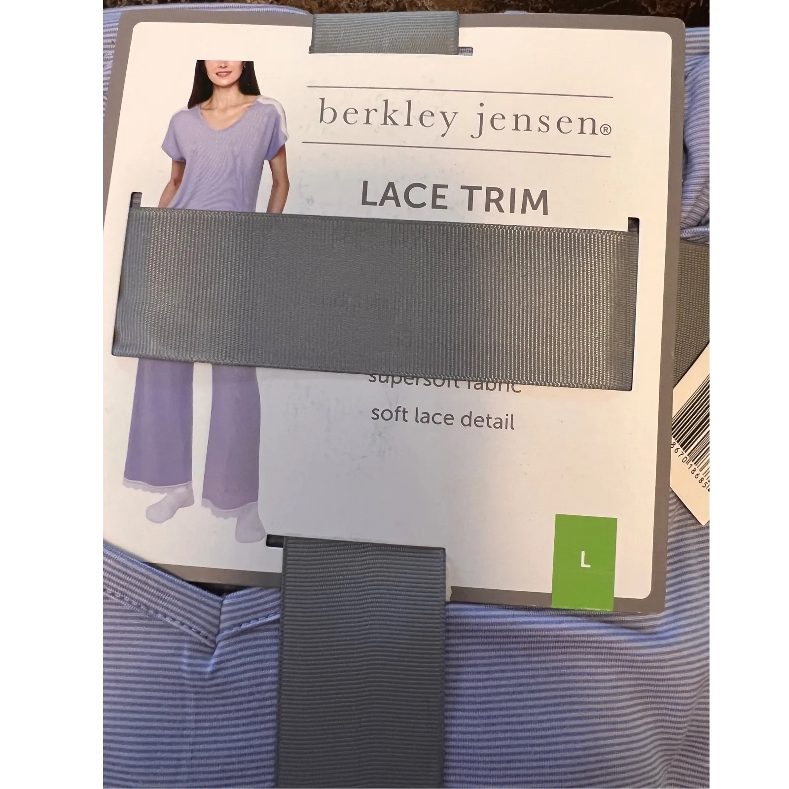 Berkley Jensen Lace Trim Pajama Set 2pc Periwinkle Stripe Size Large NWT Purple - Image 2