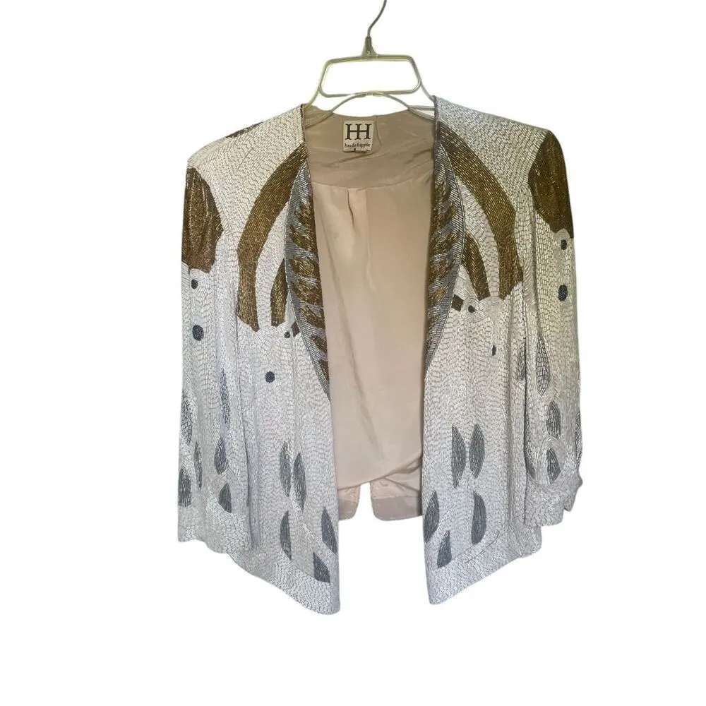 Haute Hippie (Serena Gossip Girl) Beaded Blazer Tan/ Gold XS Evening Jacket - Image 5