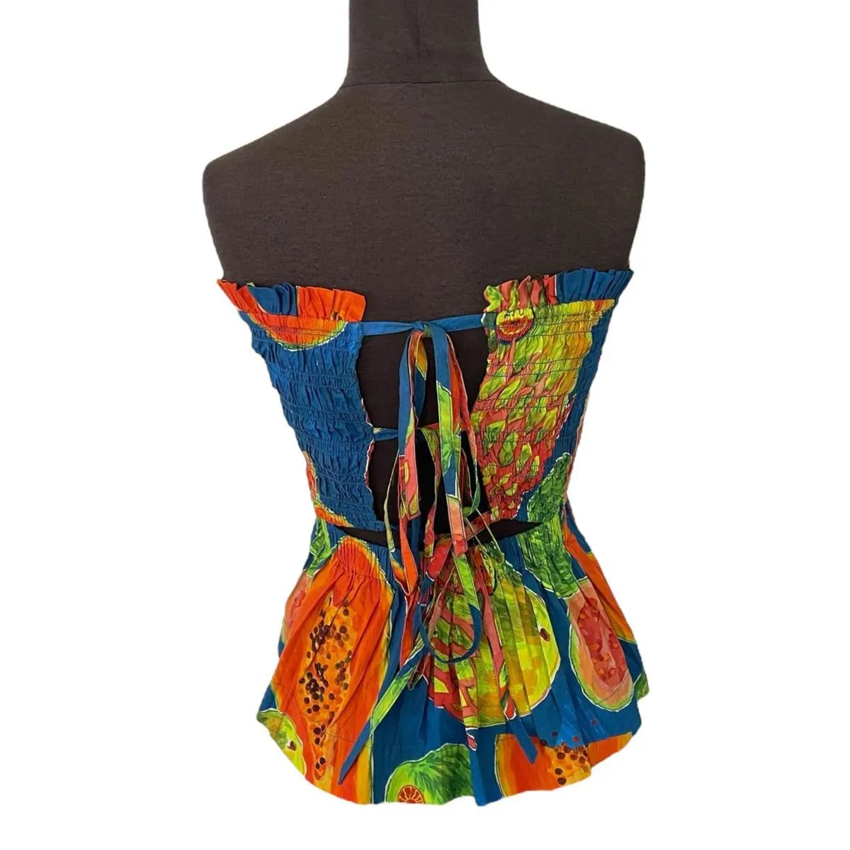 Anthropologie Damson Madder Hope Papaya Print Cami Top Smocked Women's Size 10 Blue - Image 3