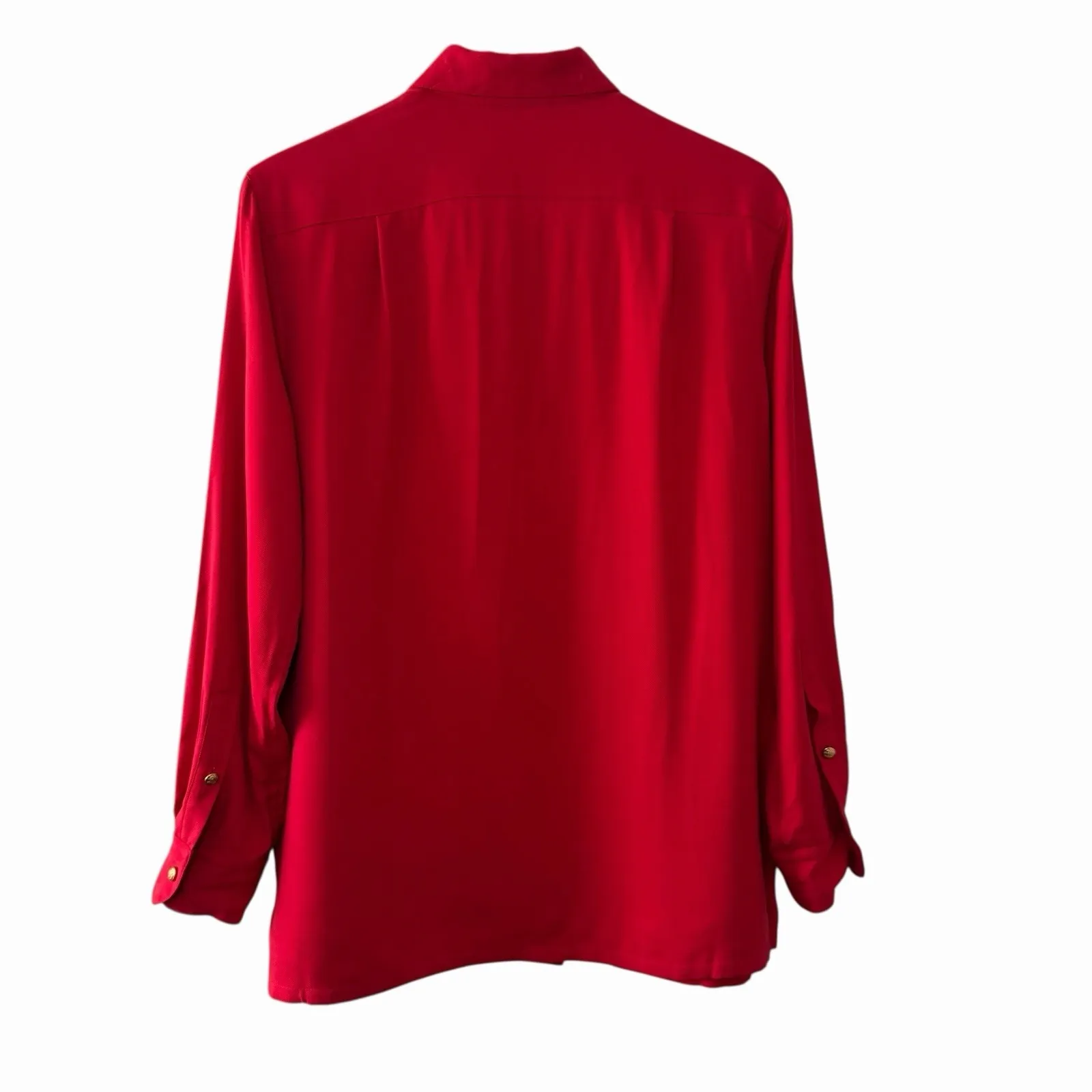 VTG 90s Lauren Ralph Lauren 100% Silk Crest Button Top Womens M Red Gold Logo - Image 3