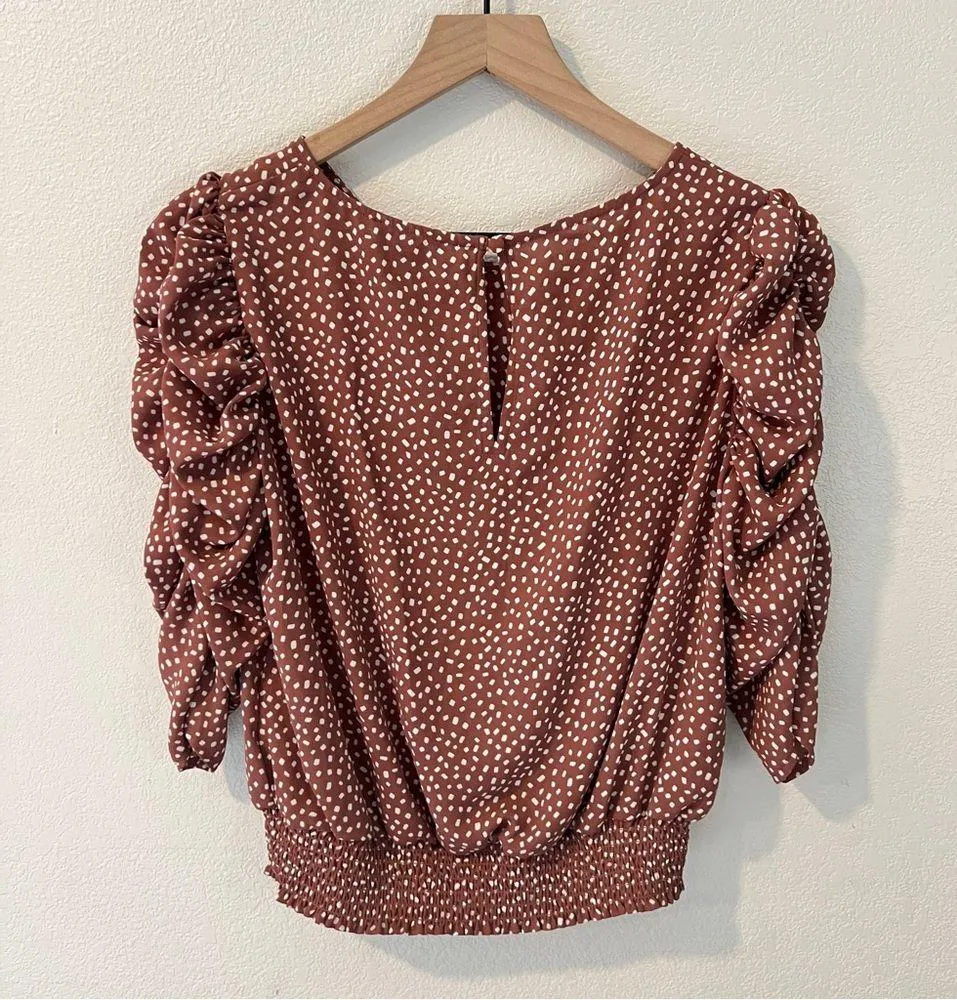 Express Chiffon Geometric Polka Dot Gathered Puff Shoulder 3/4 Sleeve Top Size M Pink - Image 6