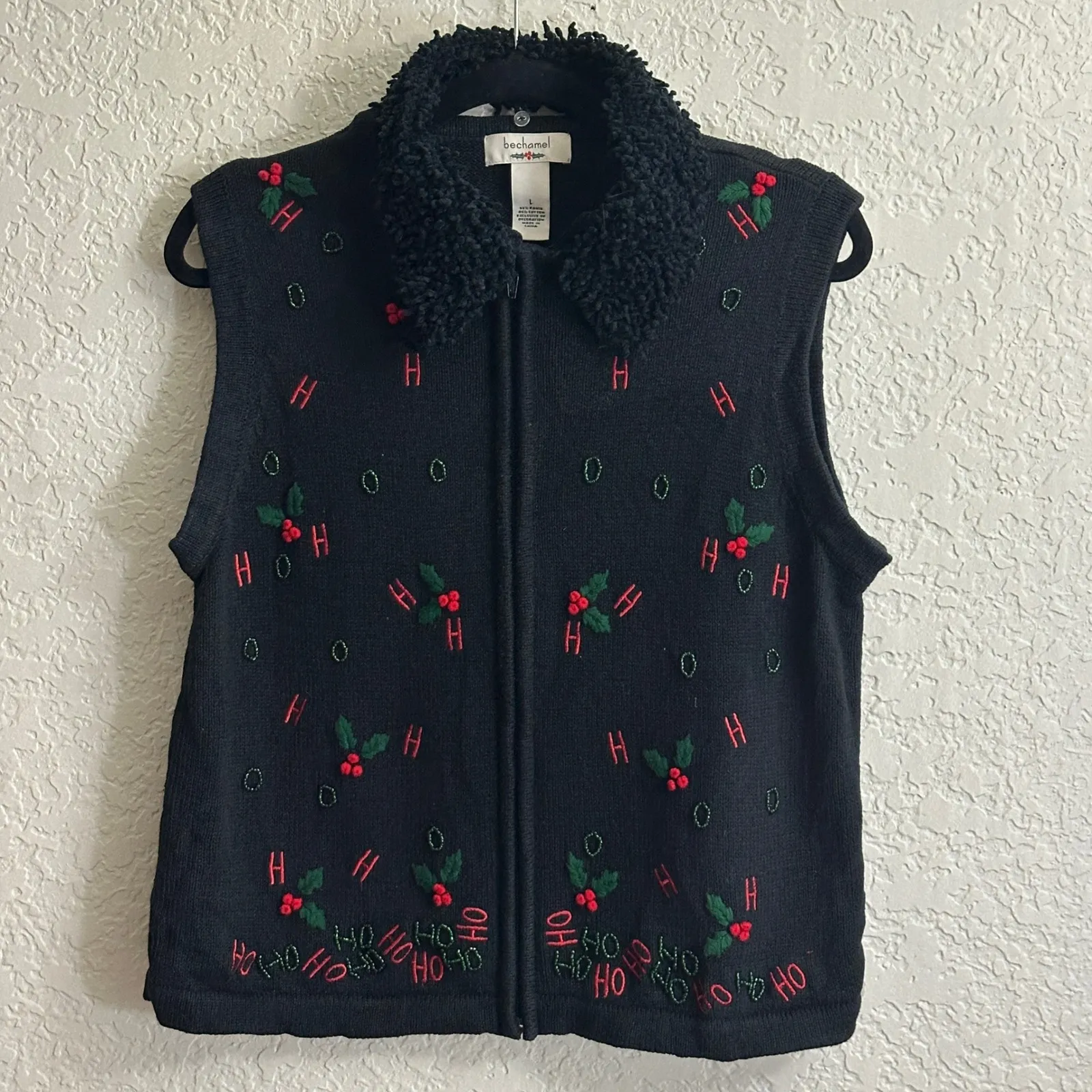 BECHAMEL Womens Ugly Christmas Vest Sweater Full Zip Size L Festive Ho Ho Ho Black Size L - Image 3