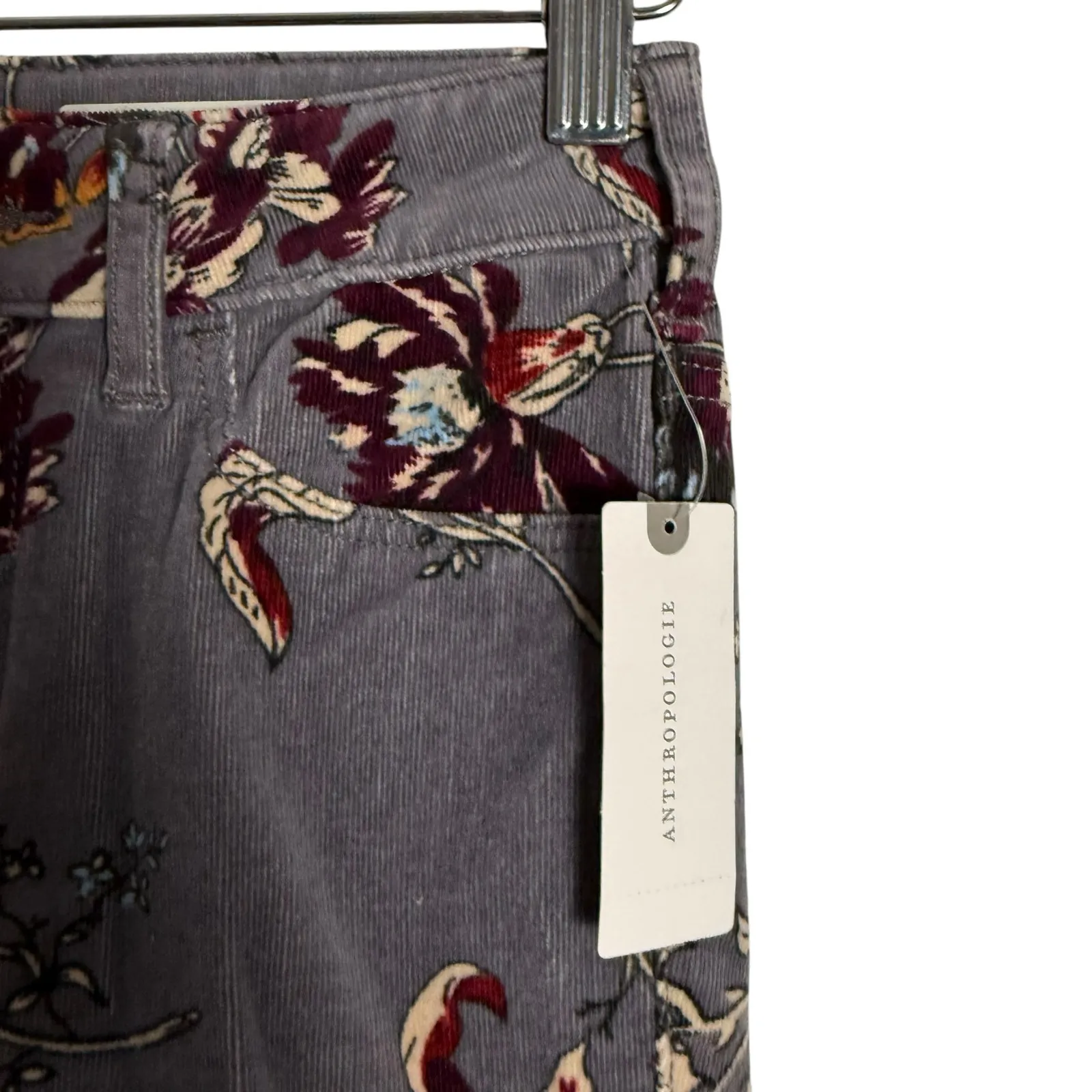 Anthropologie Pilcro Gray Corduroy Floral Print High Rise Skinny Pants Size 25 - Image 5