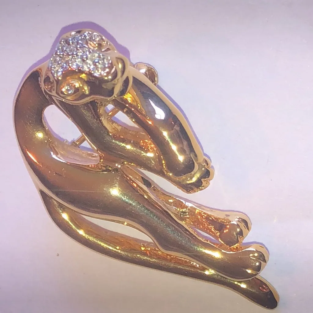 Vintage Gold Tone Retro Boho CZ Rhinestone Panther Brooch - Image 5