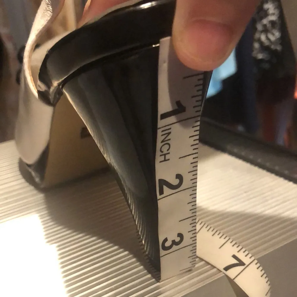 Leather upper Black/white sling back open toe platform high heel, black bow Size 6.5 - Image 5