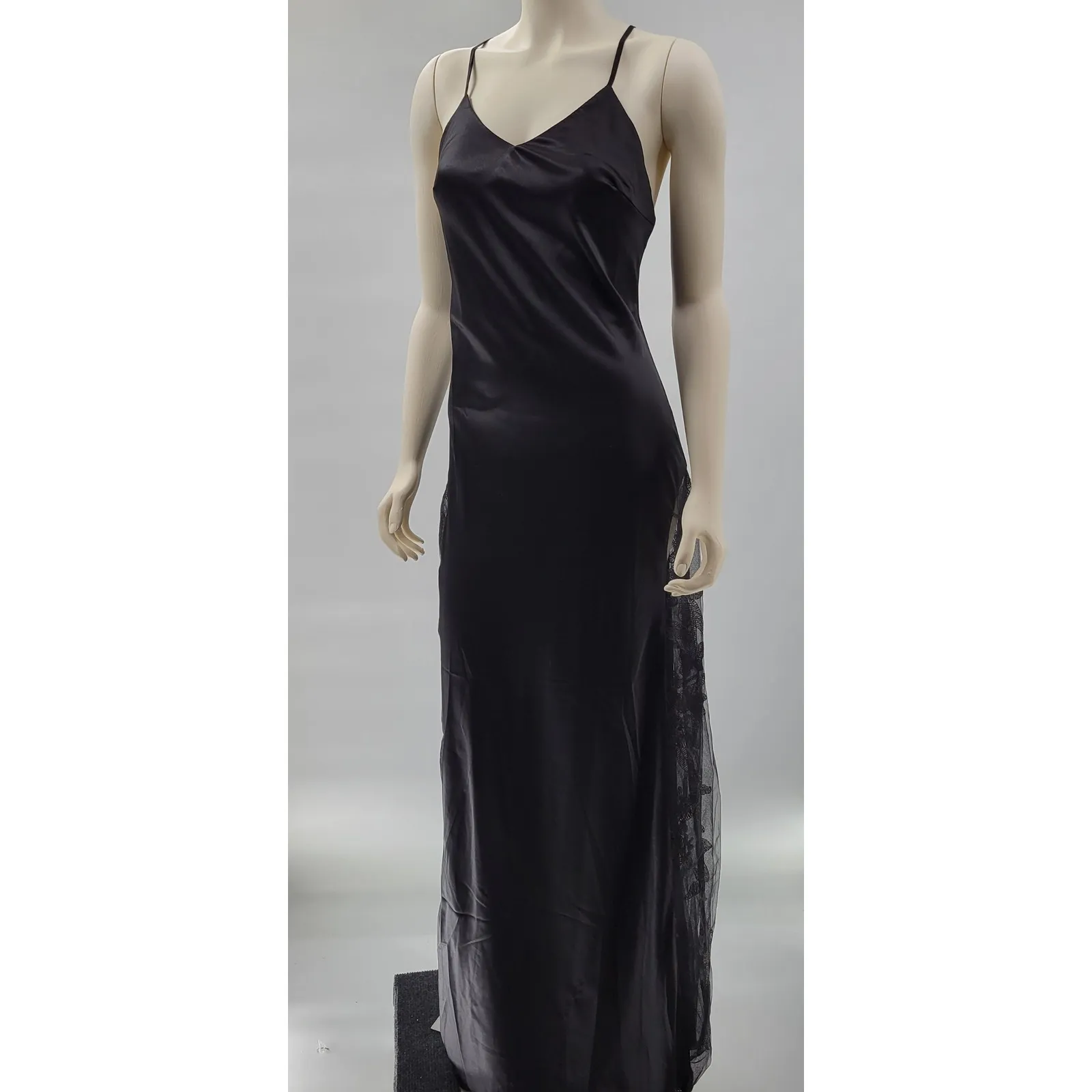 HHQ Maxi Slip Dress Size M Black Satin Lace Trim Spaghetti Strap Sexy NWT Size M - Image 16
