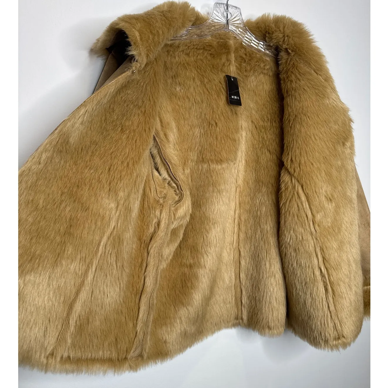 NWT Mixit Retro Faux Suede Fur large shawl collar Jacket coat Camel Brown large - Image 11