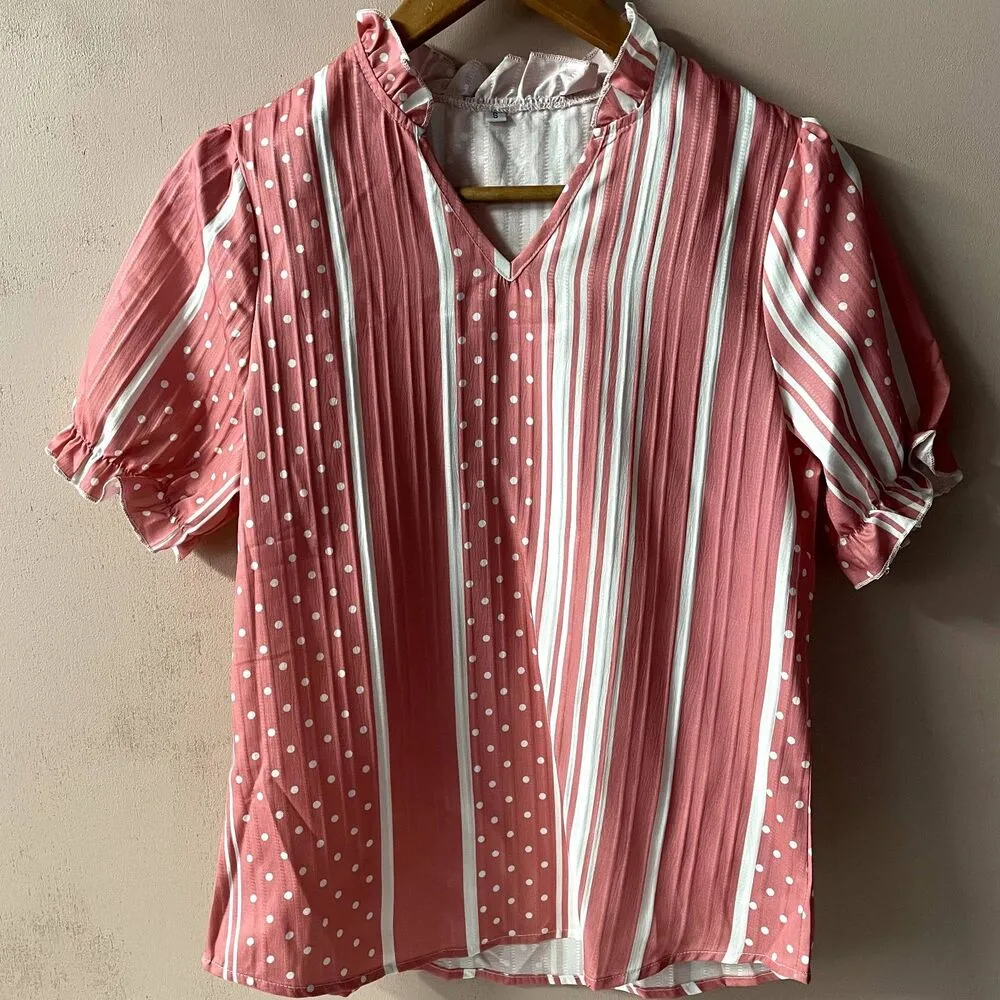 Pink Striped/Polka Dot Ruffled Neckline Top Size S EUC - Image 5