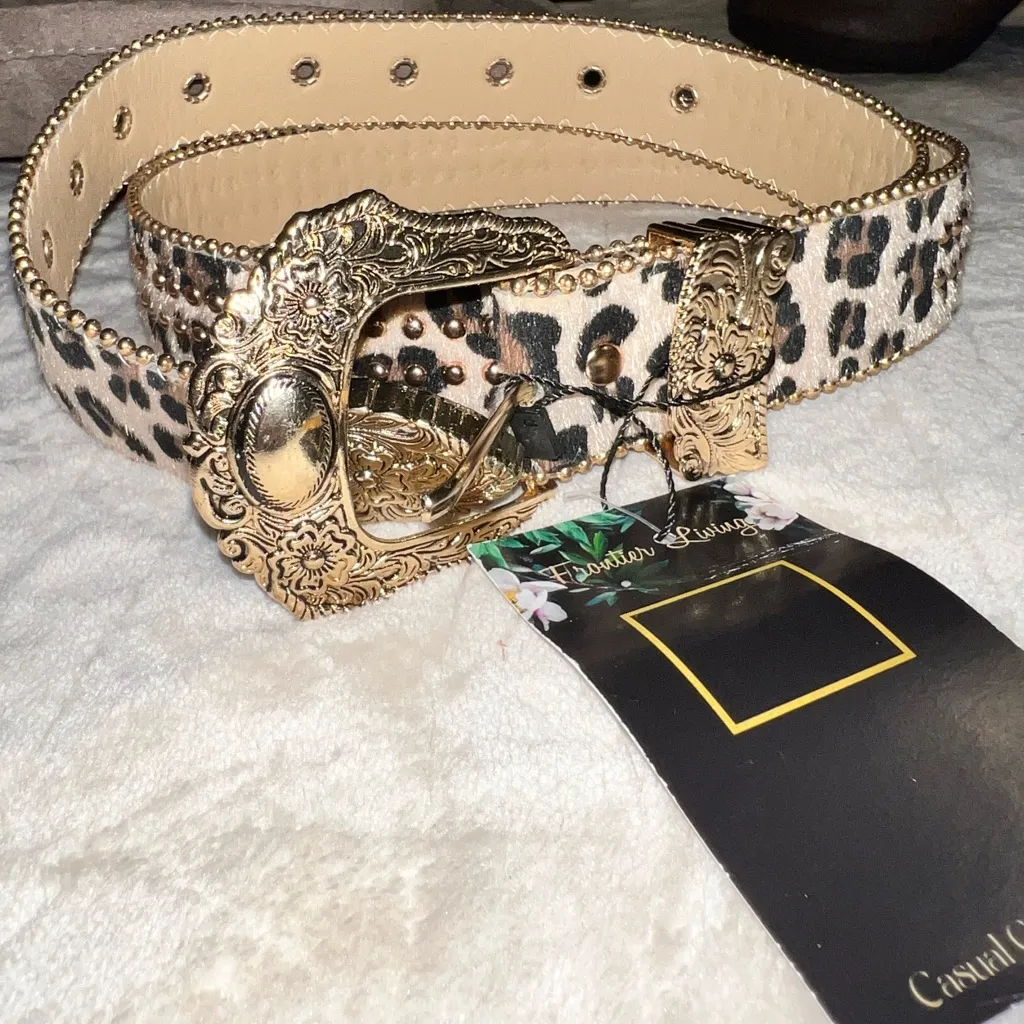 Leopard Print Belt with Gold Buckle Brown - Image 2