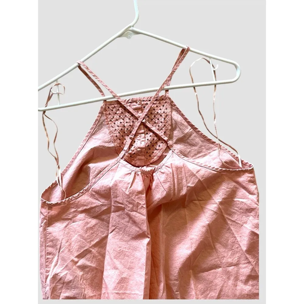 Free People Calico Cotton Trapeze Eyelet Top Dress Women’s size Small Coral Pink - Image 6