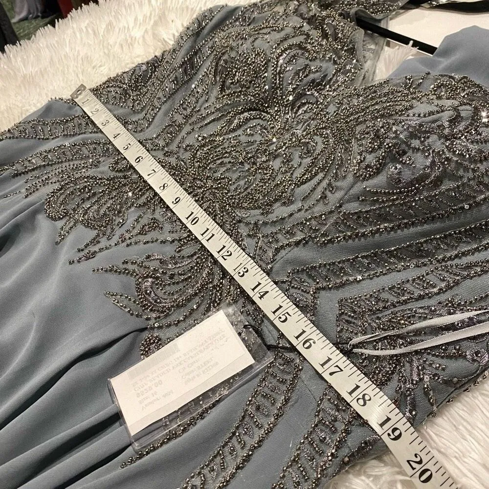 NEW MGNY by Mori Lee Embellished Bodice Cap Sleeve Maxi Dress Gown in Steel Gray Size 16 - Image 6