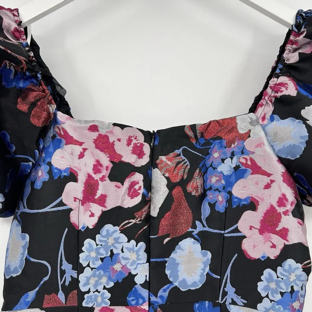 So Stunning Black Multi Floral Jacquard Puff Sleeve Mini Dress Size Large - Image 7