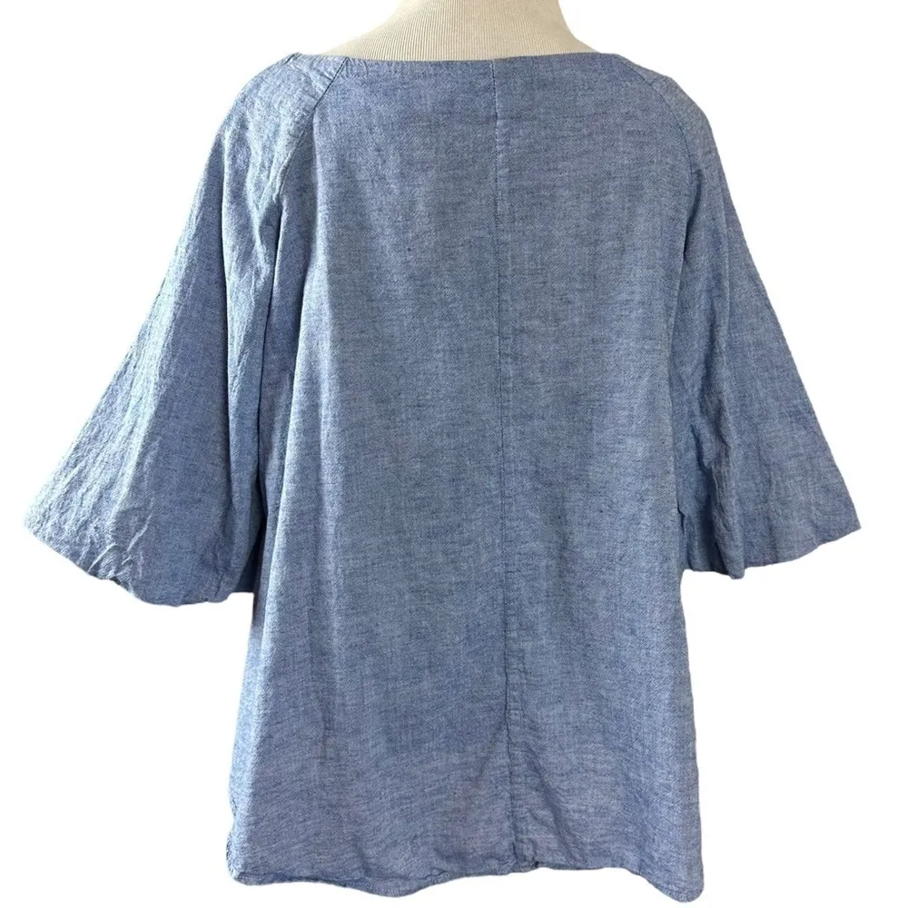 Zara Coastal Boatneck 3/4 Sleeve Bubble Bell Sleeve Blue Cotton Linen Top XS - Image 5