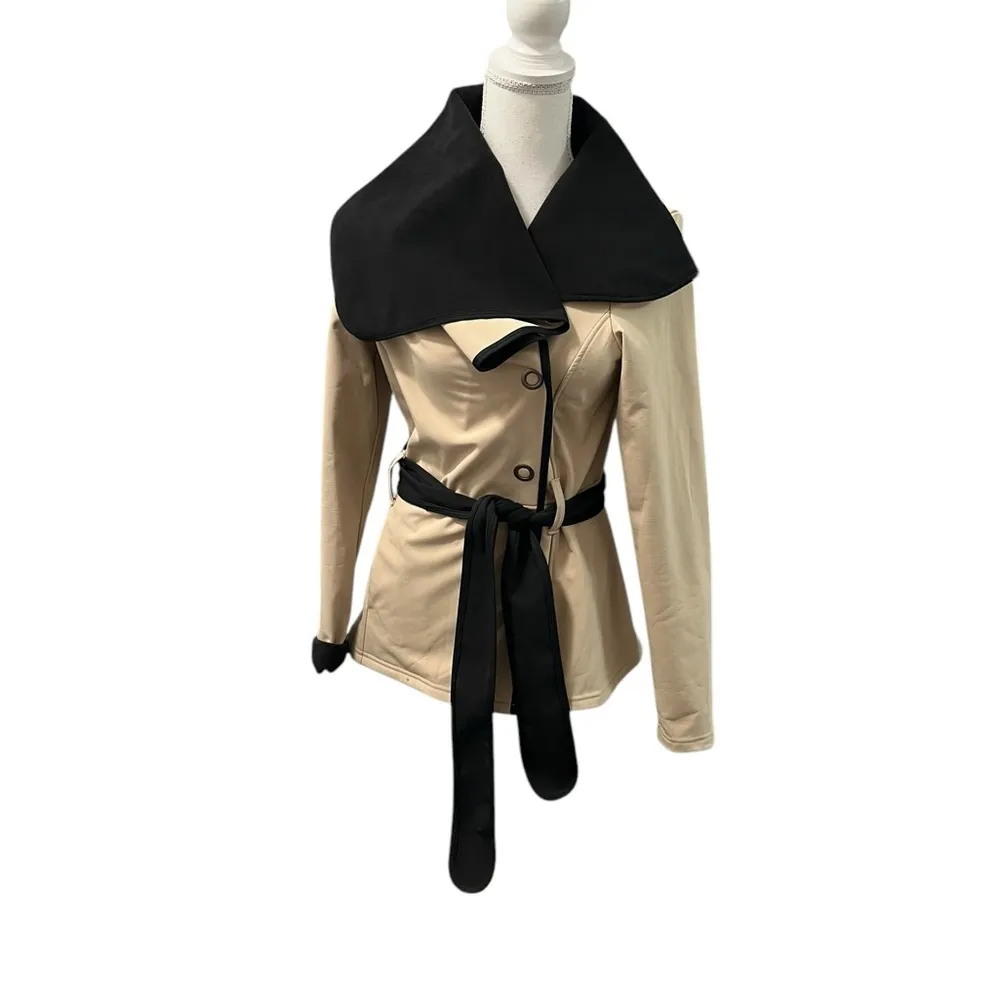 KARMA Fleece Lined Waist Length Wrap Tie Trench Coat Jacket Metal Snaps XS Black - Image 3