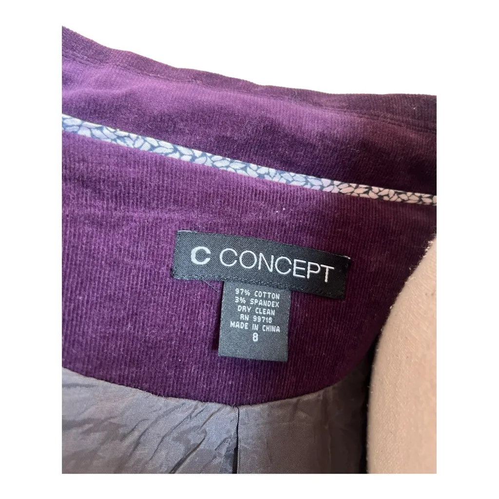 C Concept Chic Purple Corduroy Women's Blazer Size 8 - Image 5