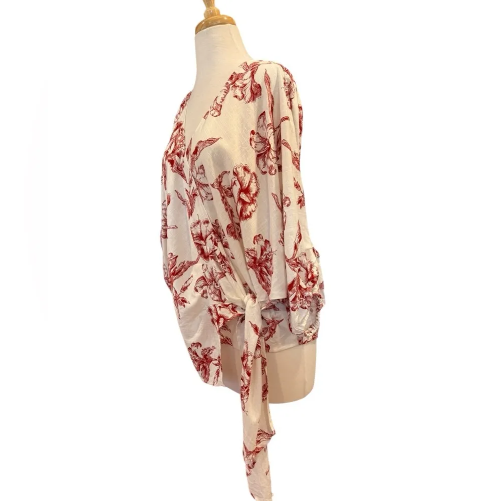 Zara Wrap Kimono Top Linen Blend Red White Toile Floral Print Puff Sleeve Large - Image 4