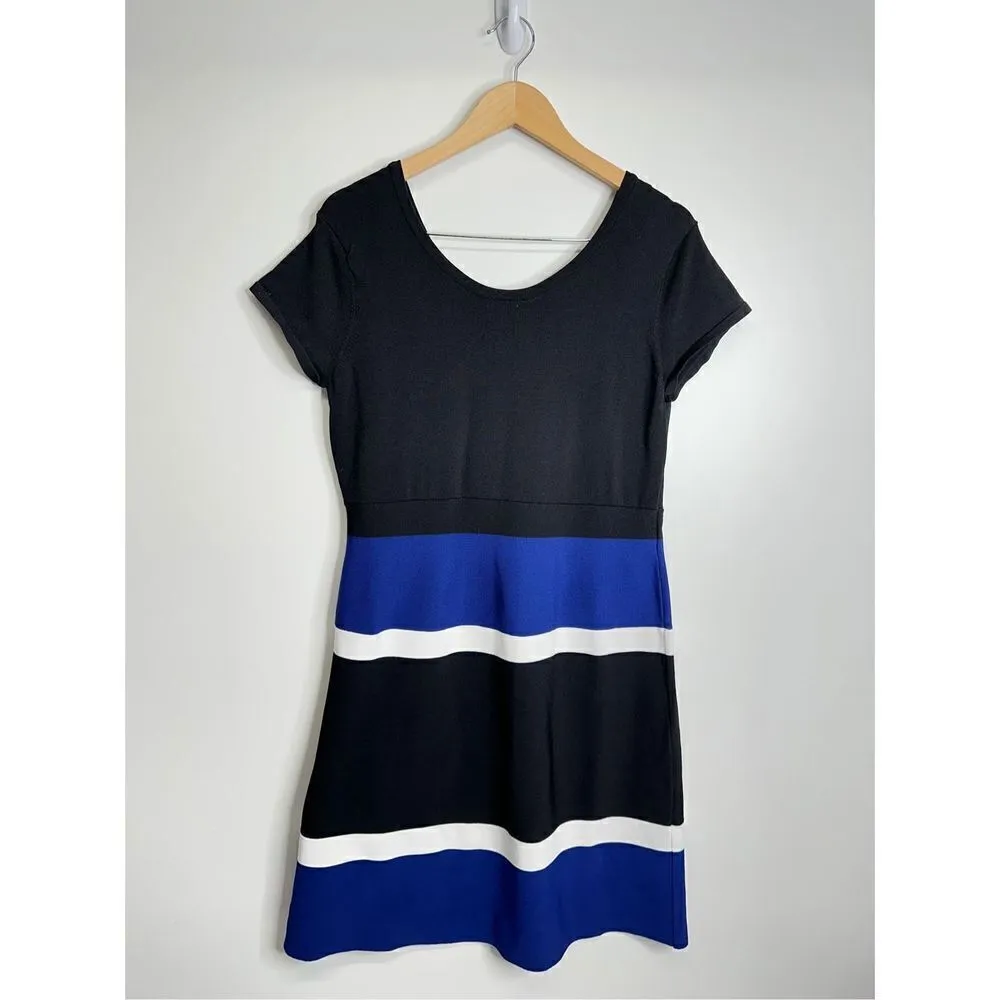 Ann Klein Midi Dress Womens Medium Colorblock A-line Black/Blue Short Sleeve - Image 2