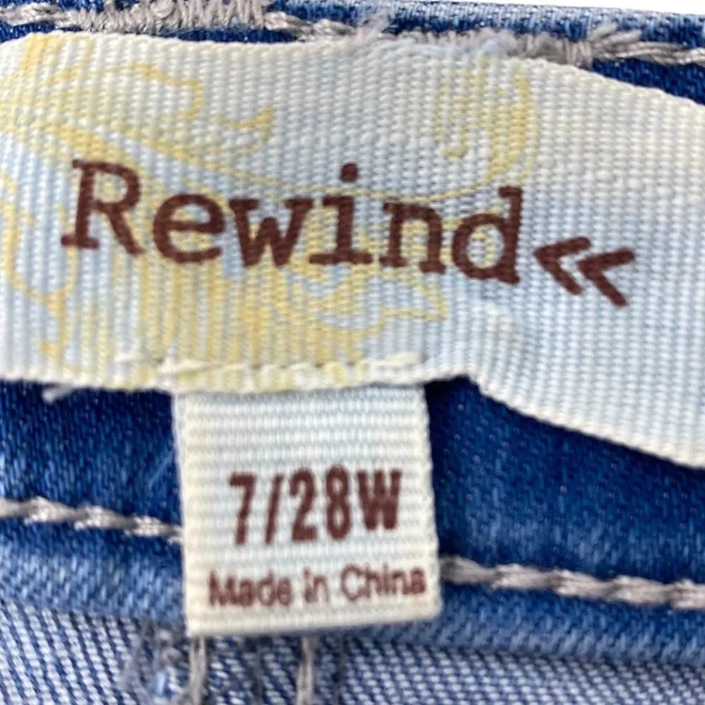 REWIND Distressed Denim Blue Jean Frayed Hem Mini Skirt 7/28 - Image 3