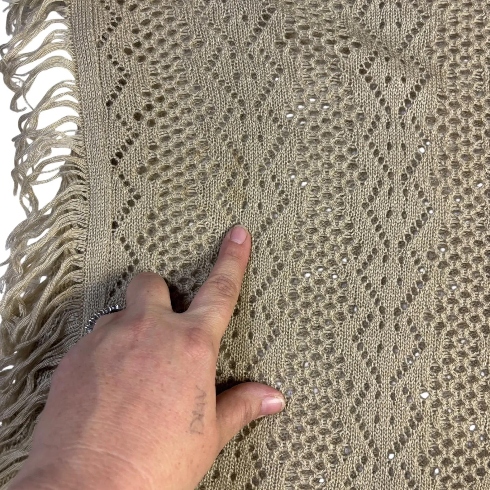 Nella Fantasia Tan Knit Poncho Sweater Fringe V Neck Women L XL* Size undefined - Image 8