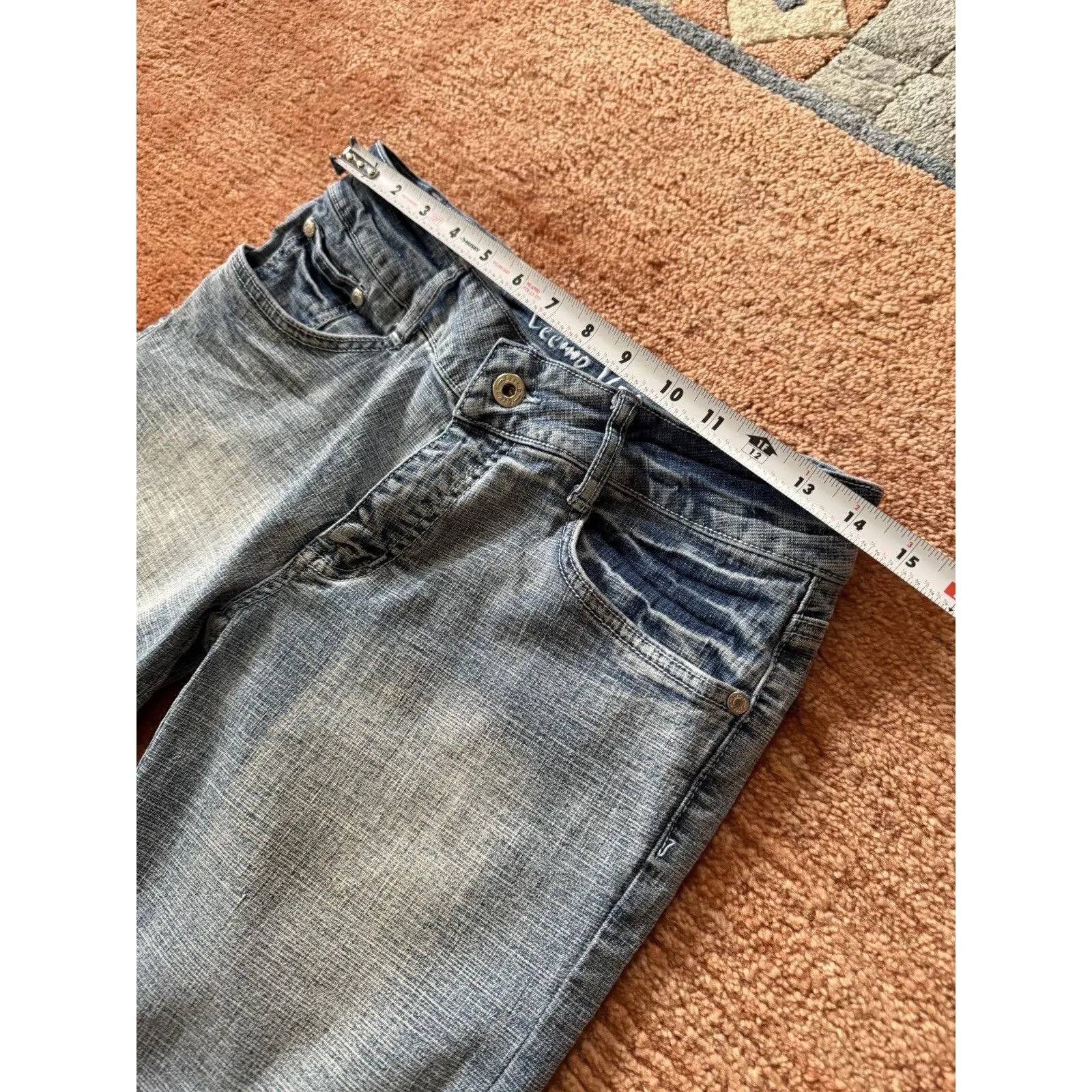 Leemo USA Denim Bermuda Shorts Button Hem Embroidered Pockets Size 9/10 Blue - Image 3