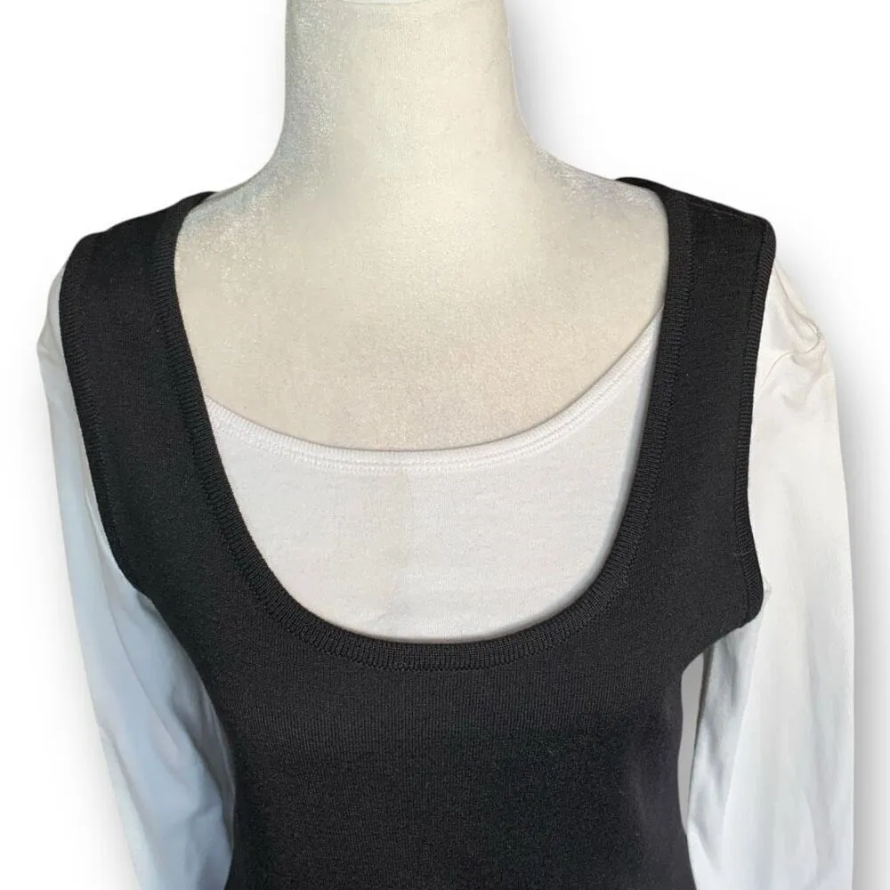 Vintage 90s Black Jumper Maxi Dress White Long Sleeve Crewneck Shirt Layered Black - Image 3