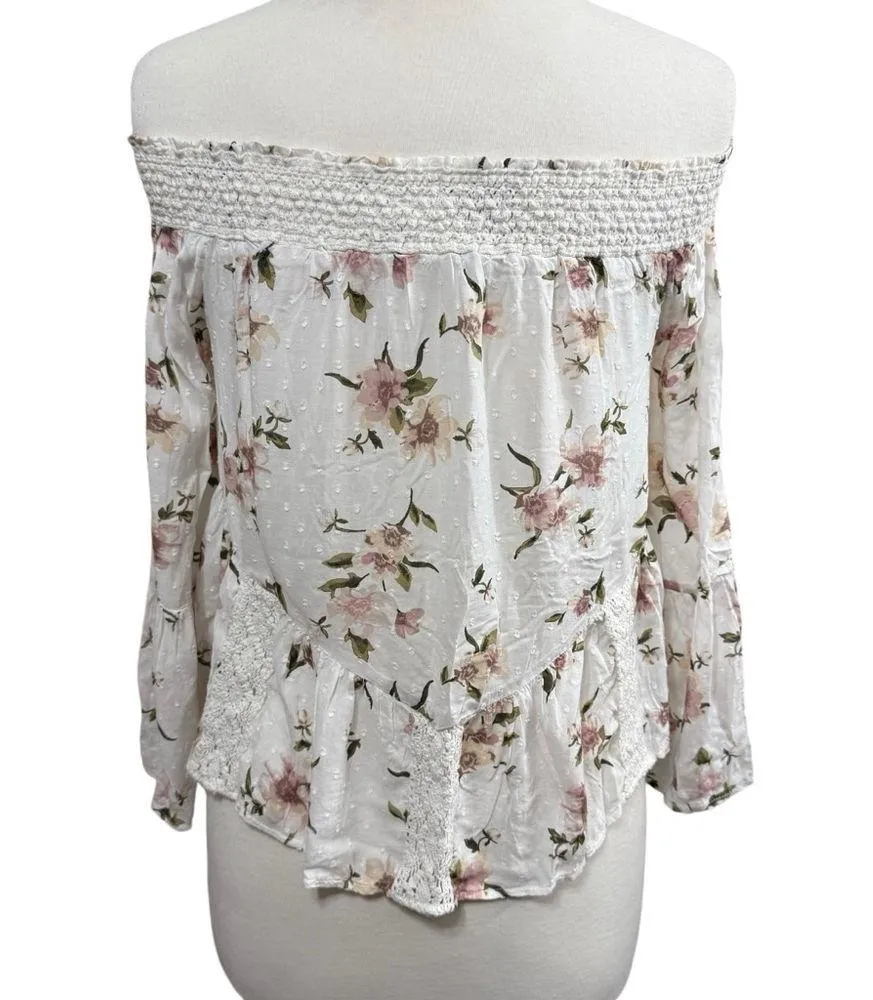Women's American Eagle Floral Off the Shoulder Top Size S White NWT - Image 4