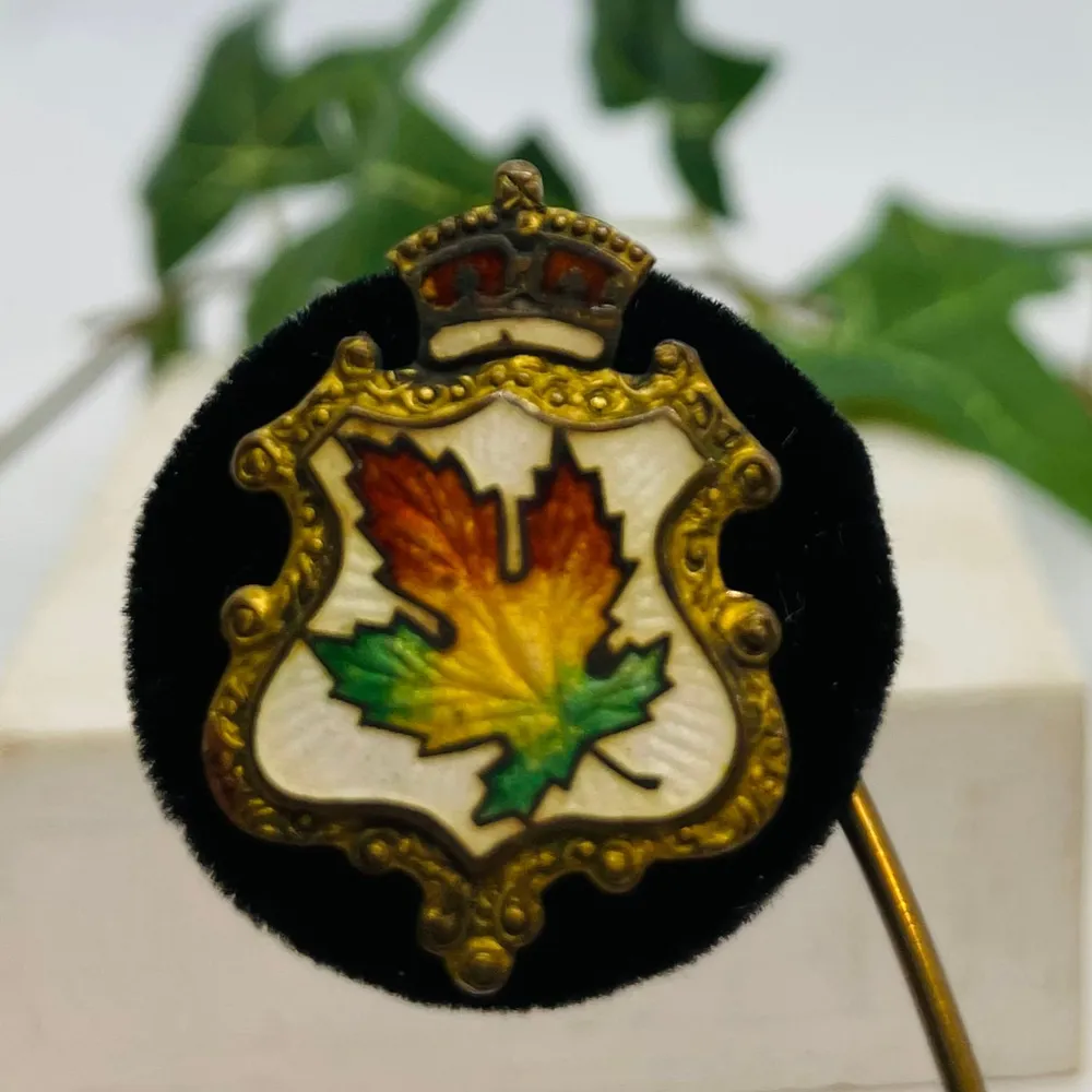 Vintage Crown Crest Enamel Guilloche Brass Canadian Maple Leaf Brooch White - Image 2