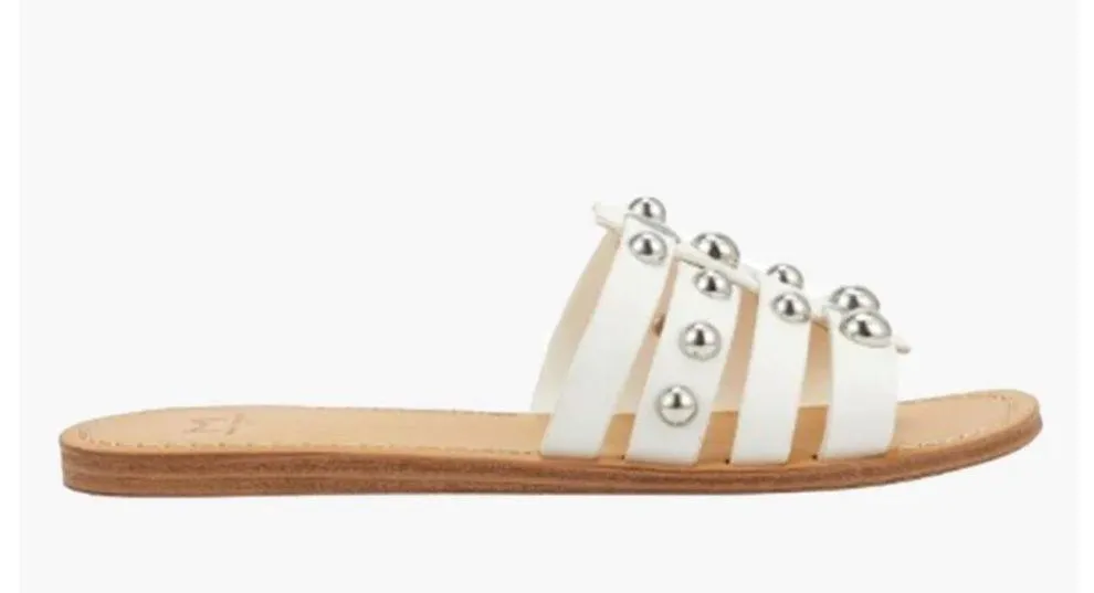 Marc Fisher Tan and White Studded Slide Leather Pava Sandal Flats - Image 7
