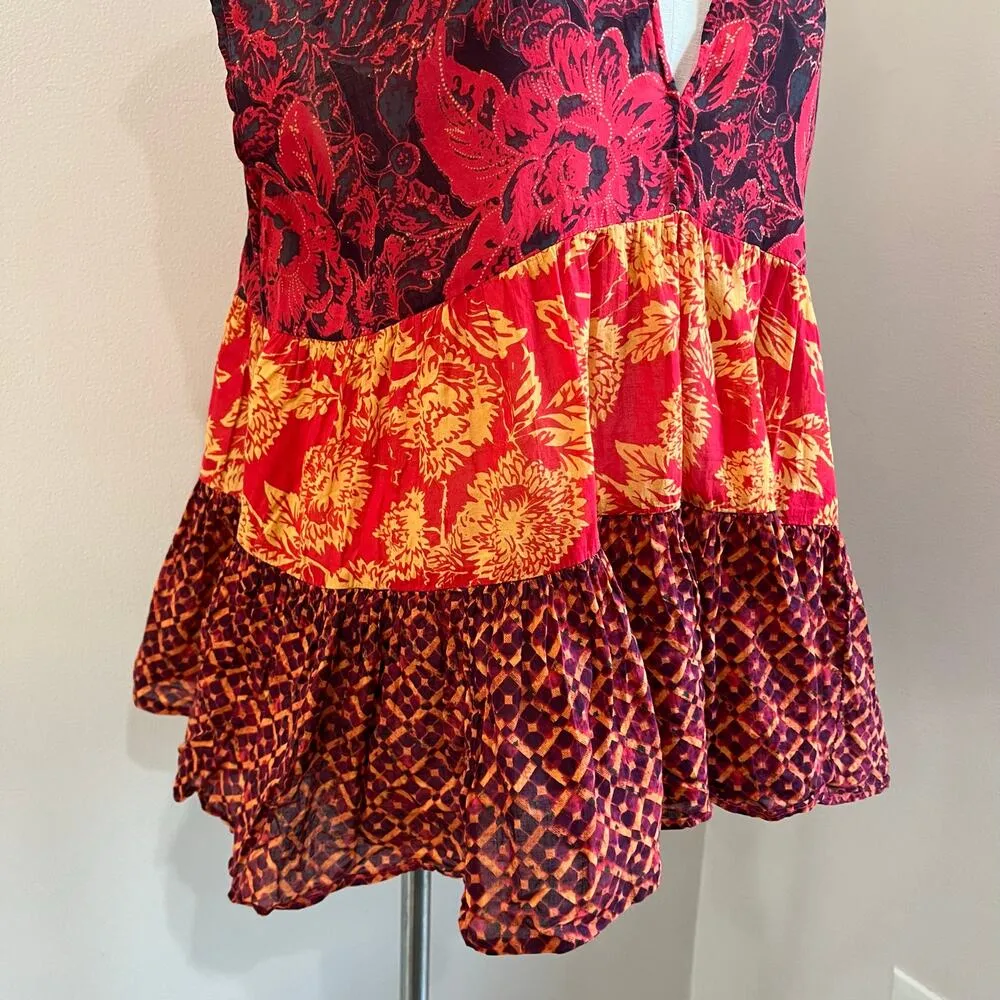 Free People Boho Red Warm Tones "Gotta Have You" Tiered Tunic Blouse Size XS - Image 6