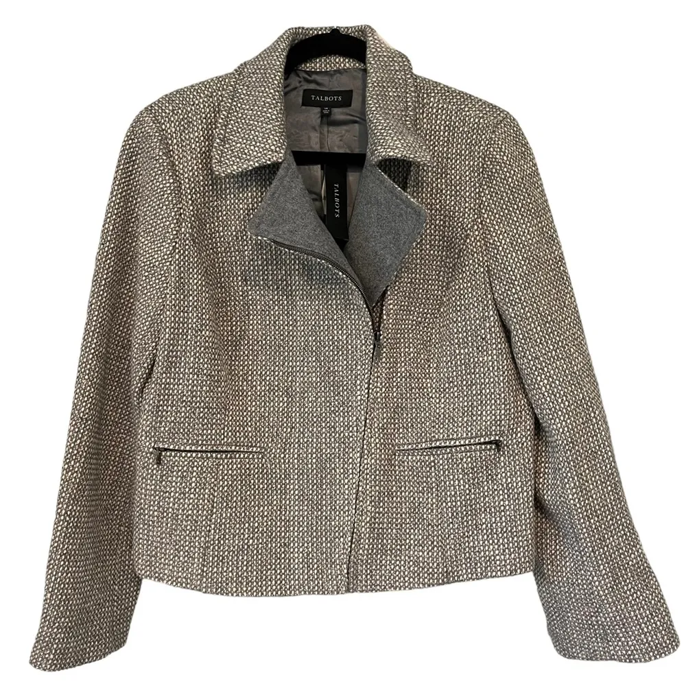NWT, Talbots Gray tweed Moto Jacket Blazer Career Silver Metallic, Sz 14 - Image 11