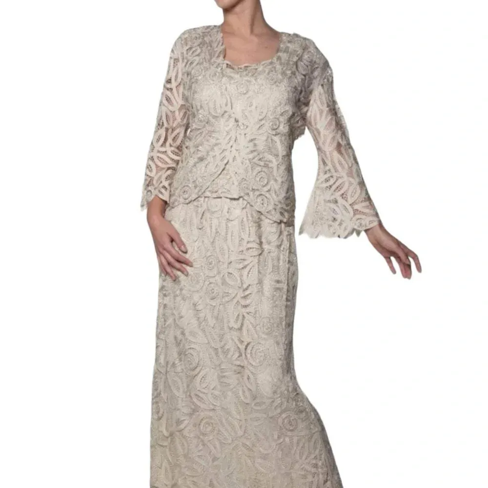 soulmates champagne Hand crafted silk ribbon beaded 3 Piece Evening Gown MOB MOG Tan Size M - Image 3