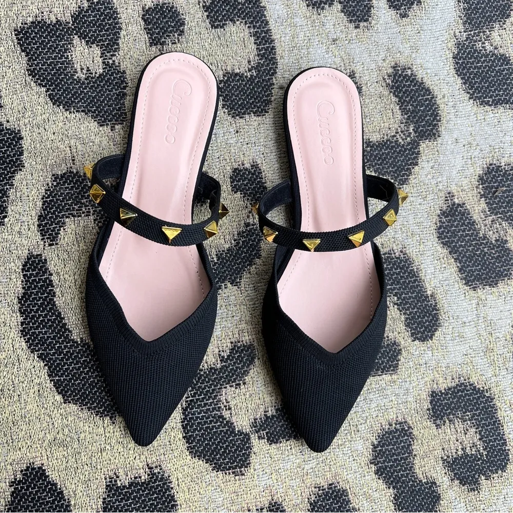 NWOT black gold stuffed pointy toe studded flats Size 9 - Image 2