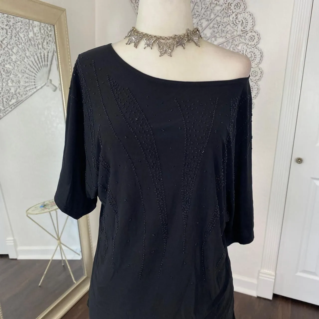 Early 2000's Whimsygoth Off The Shoulder Black Sequin Beaded Top S / M / L Size M - Image 3