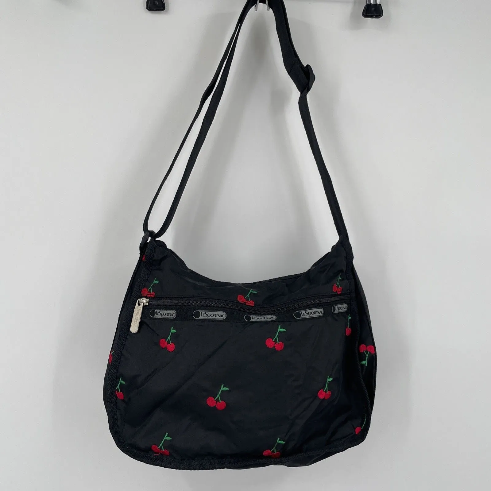 LeSportsac HTF Red Cherries Embroidered Shoulder Bag Purse Clean Black - Image 5