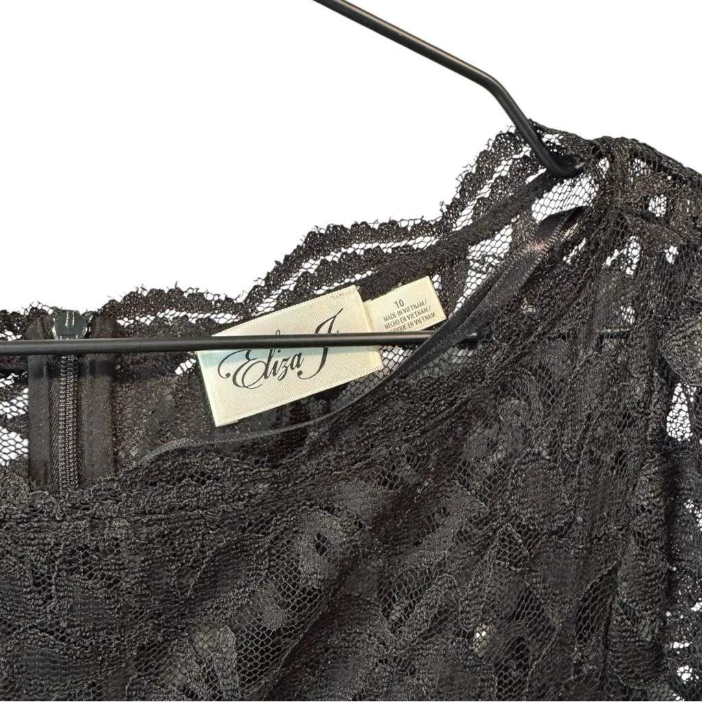 Eliza J Lace Yoke Velvet Scalloped Boat Neck Trim Sheath Dress Knee 10 Black‎ - Image 7