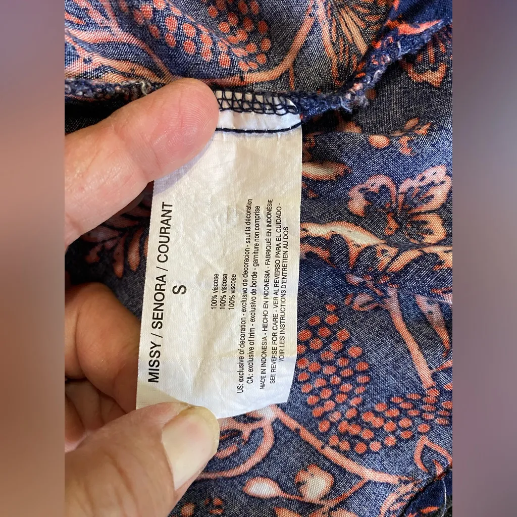 Bohemian‎ Navy Orange Floral Crochet V Neck Blouse Size S 3/4 Sleeve Bell Blue - Image 8